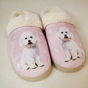 Snuggs Light Pink Bichon Frise Slippers Rubber Sole Memory Foam, L/XL